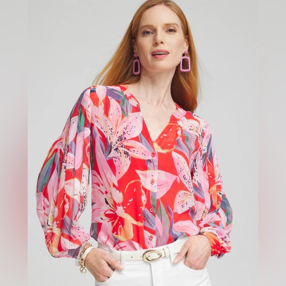 New CHICO’S Women’s Floral Pleated Sleeve Blouse Size (1) Medium Multicolor
